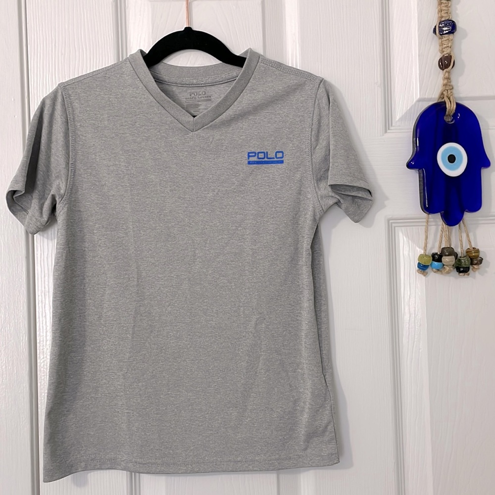 Polo Ralph Lauren Performance V Neck Shirt Size 6 Gray with Blue Logo 🤍💙